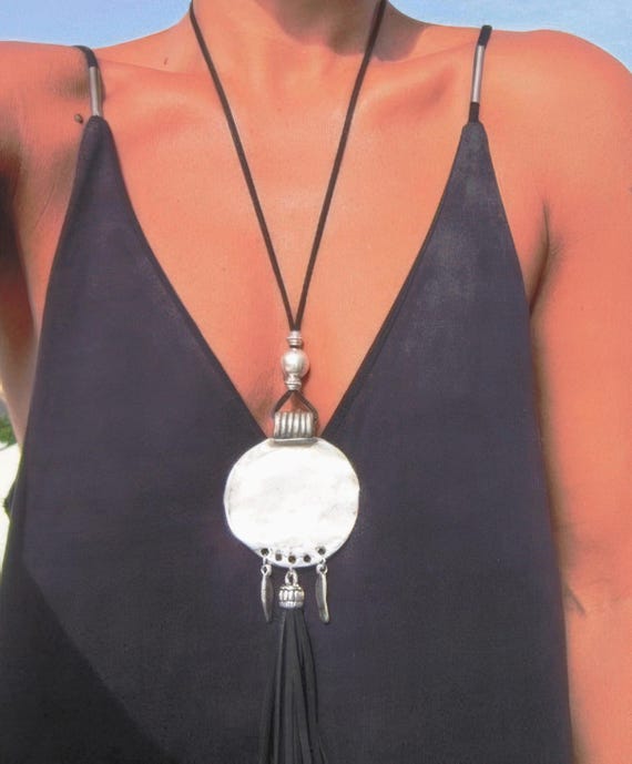 Statement Silver Chunky Pendant leather Necklace • Bohemian Neotribal Jewelry