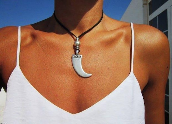 Boho Leather and Silver Beaded Tusk Pendant Necklace • Long Statement Chunky Charm Necklace Gift for Her • Bohemian Jewelry by