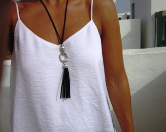 long collier en cuir, colliers de gland, bijoux boho, collier boho, bijoux en argent, bijoux de mode