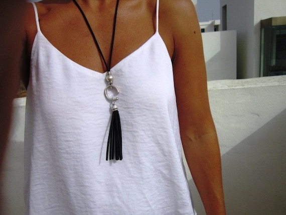 Long Leather Tassel Necklace  Boho Silver Jewelry  Fashionable Statement Piece