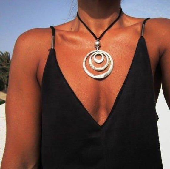 Statement Silver Chunky Pendant leather Necklace • Bohemian Jewelry Best Selling Items • Gift for Her • Neotribal Jewelry Boho Necklace
