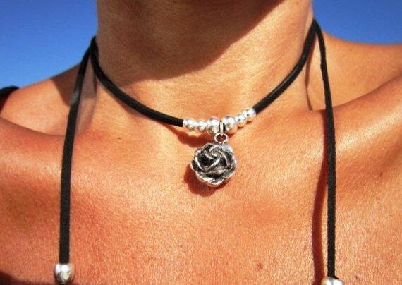 wrap rose flower necklace, Boho  bohemian jewelry, hippy gypsy necklaces, minimalist jewelry