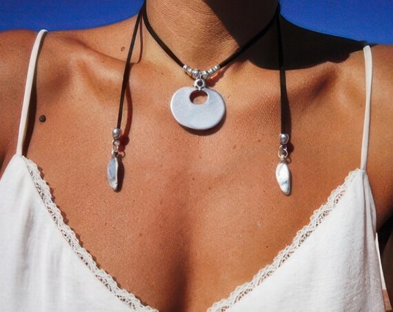 Statement Silver Chunky Pendant leather Necklace • Bohemian Neotribal Jewelry • Custom necklace Best Selling Items