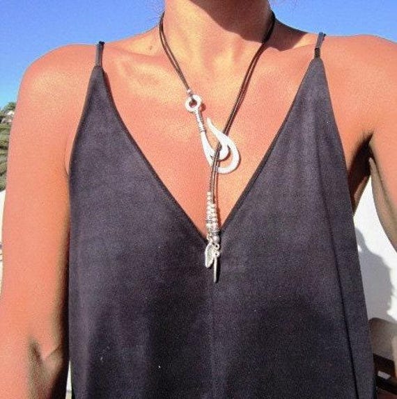 Fish Hook Necklace - Silver Lariat Y Necklace Boho Chic Jewelry