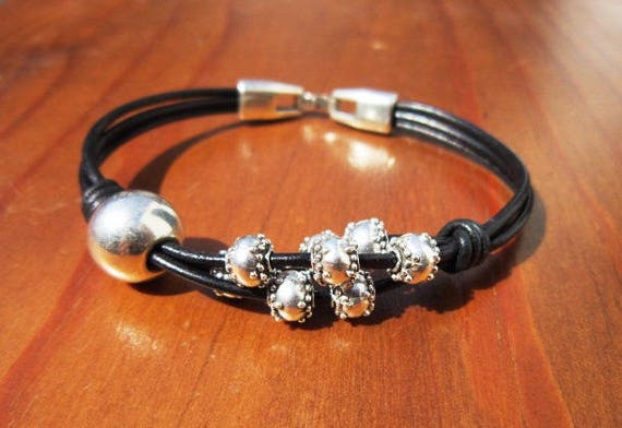 beads bracelets, beaded bracelets, women bracelet, silver bracelet, brown leather bracelet, exotic bracelet, exotic jewelry, silver jewelry