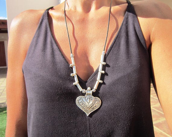 Custom Statement Silver Beaded Necklace with Heart Pendant Charm Couples necklace • Best selling items Personalized Jewelry • Gift for Her