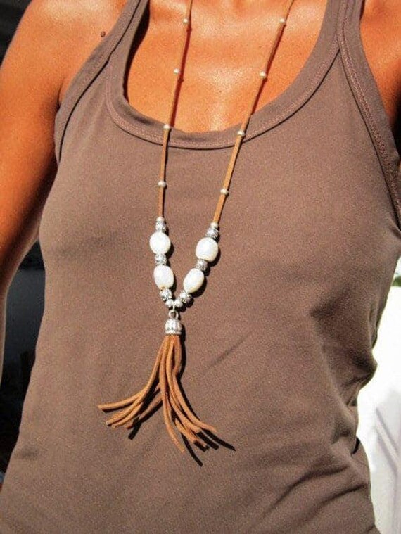 Statement Silver Chunky Pendant leather Pearl Necklace • Bohemian Neotribal Jewelry • Custom necklace Best Selling Items • Gift for Her