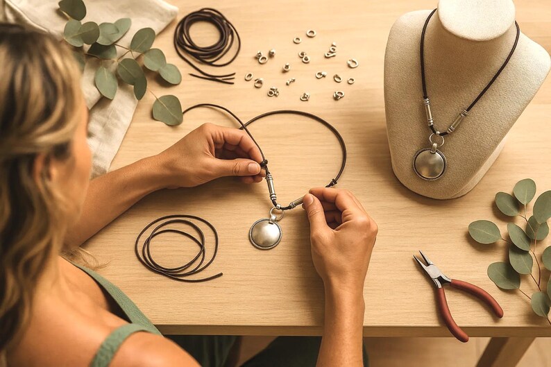 A woman is carefully crafting a necklace using various materials, including leather cords, beads, and pliers, on a wooden table.
