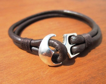 anchor nautical Silver and Leather mens bracelet, friendship couples bracelet, men cuff bracelet, silver mens jewelry, unique gifts for men