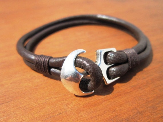 anchor nautical Silver and Leather mens bracelet, friendship couples bracelet, men cuff bracelet, silver mens jewelry, unique gifts for men