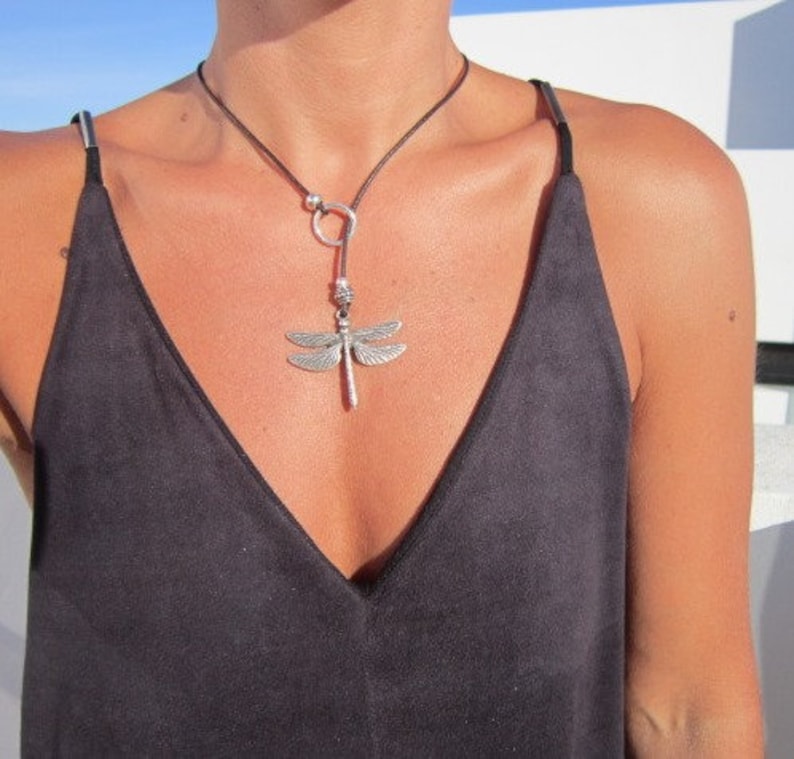 Y necklace beaded necklace, dragonfly necklaces for womens, dainty silver lariat necklace image 2