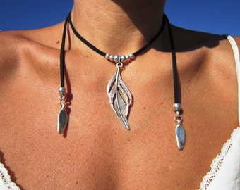 silver feather pendant, boho necklace, wrap necklace, ethnic necklace, Boho jewelry, bohemian jewelry, hippy jewelry, bohemian necklaces