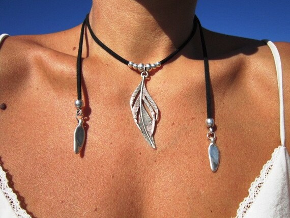 silver feather pendant, boho necklace, wrap necklace, ethnic necklace, Boho jewelry, bohemian jewelry, hippy jewelry, bohemian necklaces