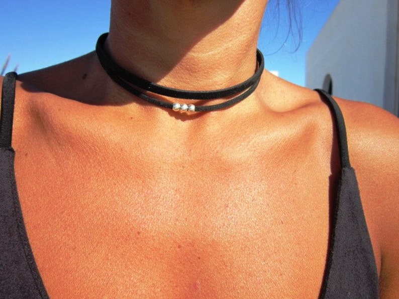 50% off Trendy leather choker, leather and silver beaded necklace, Bohemian jewelry, choker necklace zdjęcie 2