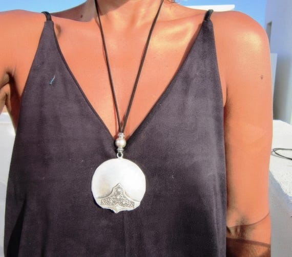 Boho Leather and Silver Beaded Pendant Necklace • Bohemian Neotribal jewelry • Long Statement Chunky Charm Necklace Gift for Her by kekugi