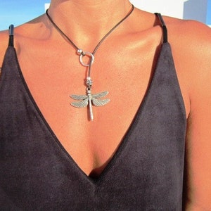 Y necklace beaded necklace, dragonfly necklaces for womens, dainty silver lariat necklace image 1