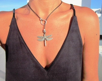 Y necklace beaded necklace, dragonfly necklaces for womens, dainty silver lariat necklace