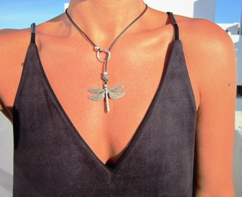 Y necklace beaded necklace, dragonfly necklaces for womens, dainty silver lariat necklace image 1