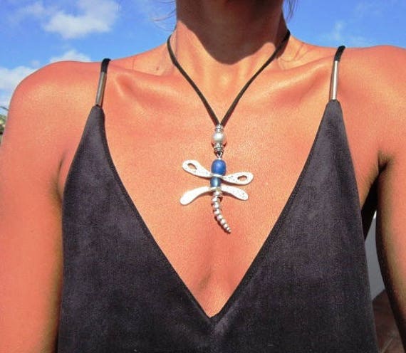 Dragonfly pendant necklace, long necklace, sea glass necklace, silver necklace, bohemian necklace, boho jewelry, pendant, costume jewelry