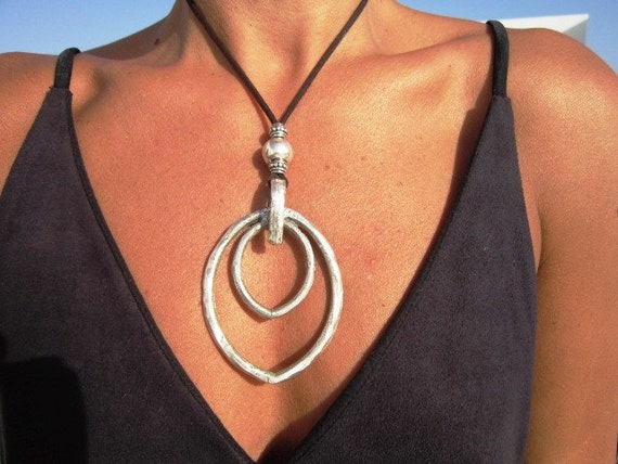 Sterling Silver Eternity Ring Necklace  Bohemian Long Necklace with Silver Rings