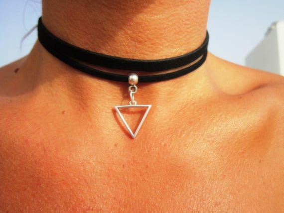 Bohemian Leather Choker Necklace silver beaded with geometric charm • Handmade personalized jewelry