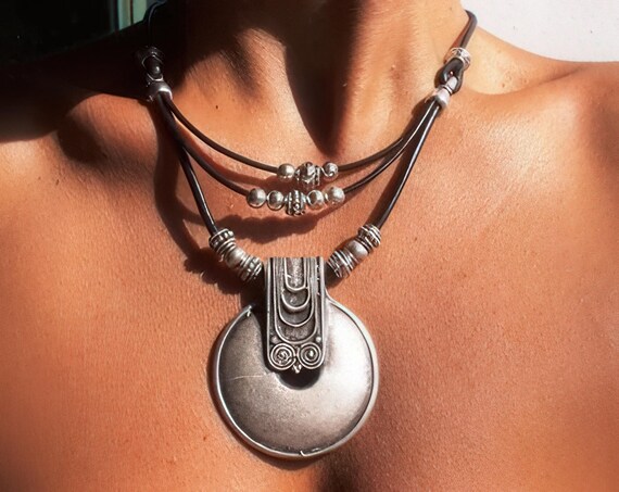 Faux leather cord silver beaded statement necklace • cruelty free vegan jewelry