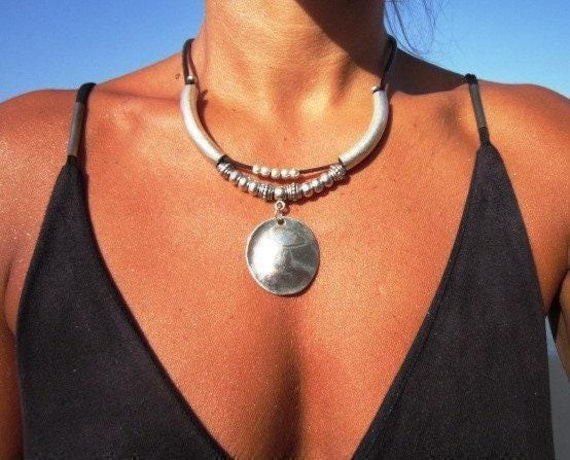 Statement Beaded Necklace with Silver Charm • Bohemian Handmade jewelry • Necklaces for Women • Personalized Jewelry Gift for Her by kekugi