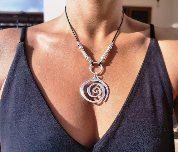 Spiral statement leather necklace for women, handmade jewelry pendant necklace, boho silver jewelry