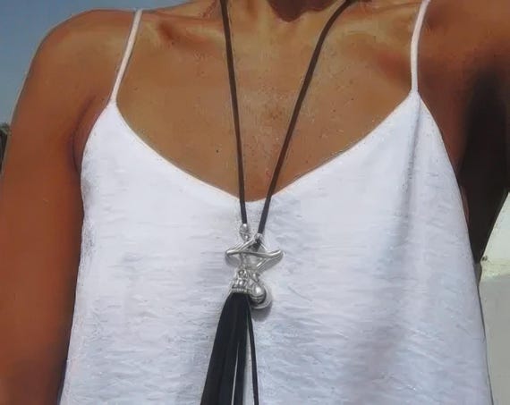 Statement Silver Chunky Pendant leather Necklace • Bohemian Neotribal Jewelry • Custom necklace Best Selling Items • Host Gift for Her