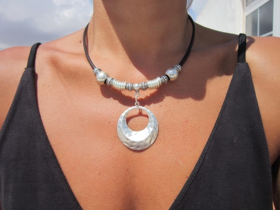 womens leather choker necklace, boho bohemian jewelry, silver unique necklaces, handmade etsy jewelry