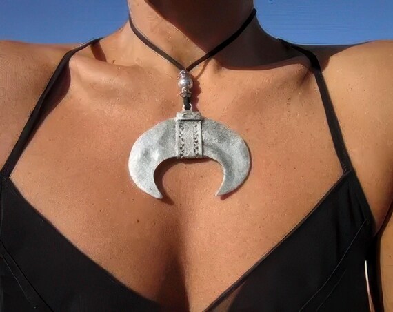 Statement Silver Chunky Pendant leather crescent moon Necklace • Bohemian Jewelry Best Selling Items • Gift for Her • Neotribal Jewelry