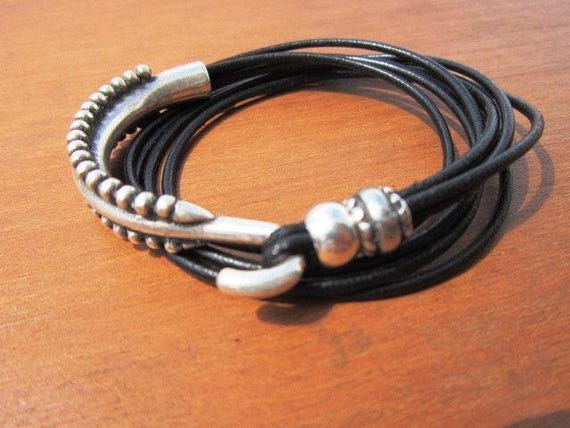 Bohemian Leather and Silver Beaded Bracelet Jewelry • Handmade Personalized Jewelry Gifts • Custom Bracelet Gift for Her by Kekugi
