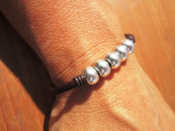 silver beads womens bracelets, leather beaded Bracelets, personalized jewelry, bohemian bracelet