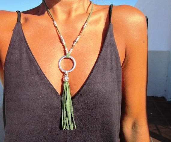 long leather tassel necklace, statement necklace, beaded necklace, bohemian jewelry, boho necklace, silver jewelry, fashion jewelry