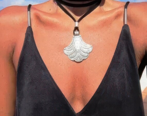 Statement Silver Chunky Pendant leather Necklace • Bohemian Jewelry Best Selling Items • Gift for Her • Neotribal Jewelry Boho Necklace