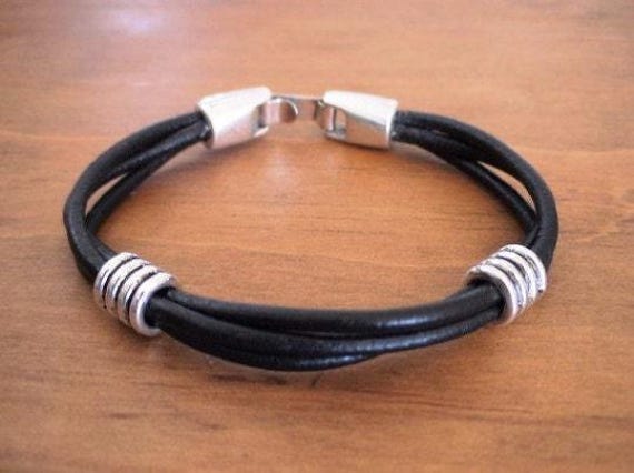 Silver & Leather Custom Bracelet Gift for Him• Personalized Handmade Jewelry Gift • Beaded Charm Bracelet Personalized Gifts