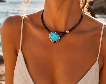 Turquoise Leather Choker Necklace, Sterling Silver Plated Statement Jewelry