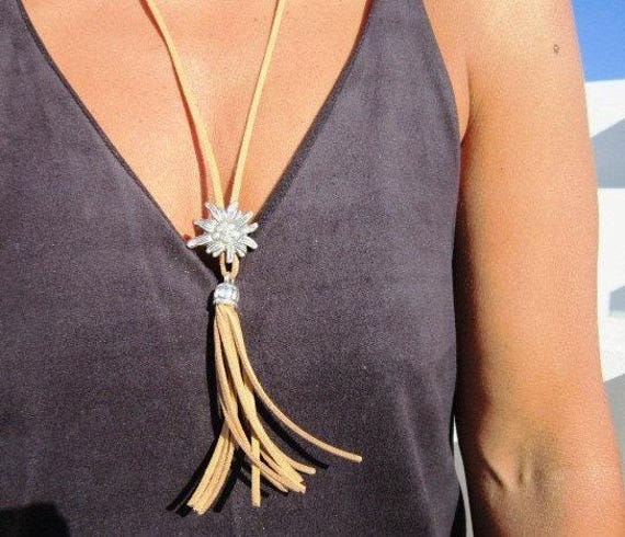 leather tassel necklace, womens silver beaded long necklace, boho jewelry bohemian necklace