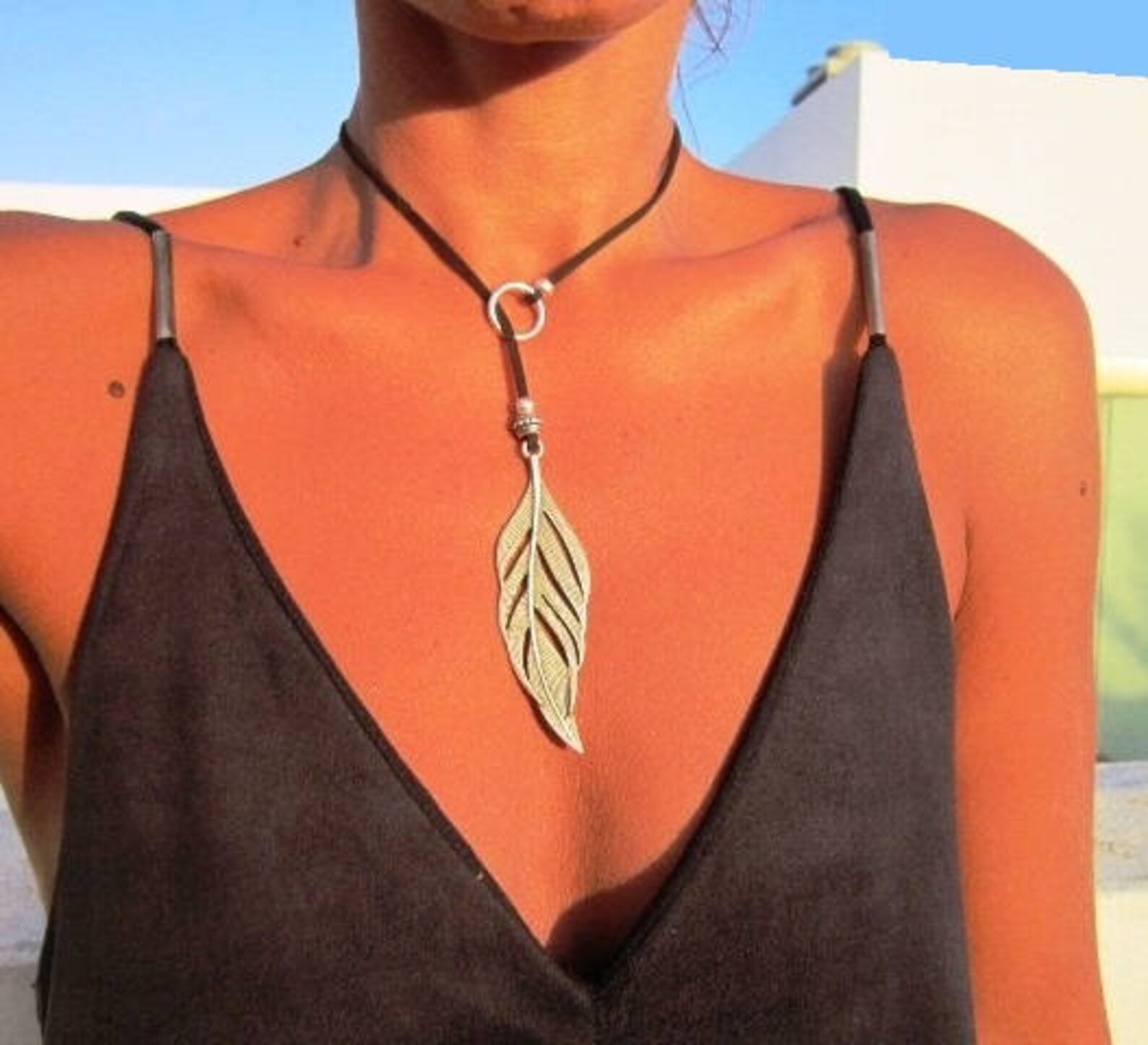 Feather Leaf Long Y Necklace Silver Simple Lariat Necklace Etsy
