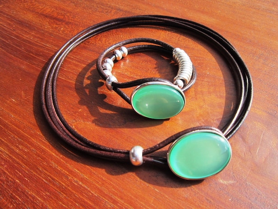 Aquamarine Leather Bracelet • Silver Matching Necklace for Women • Bohemian Handmade personalized Jewelry • Best selling items