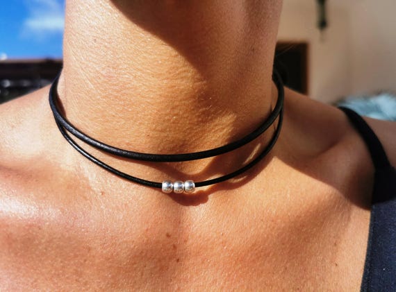 Cute and Simple silver beaded Leather Choker necklace • Unique Customized  Couples Silver Necklace • Personalized Gifts for Her