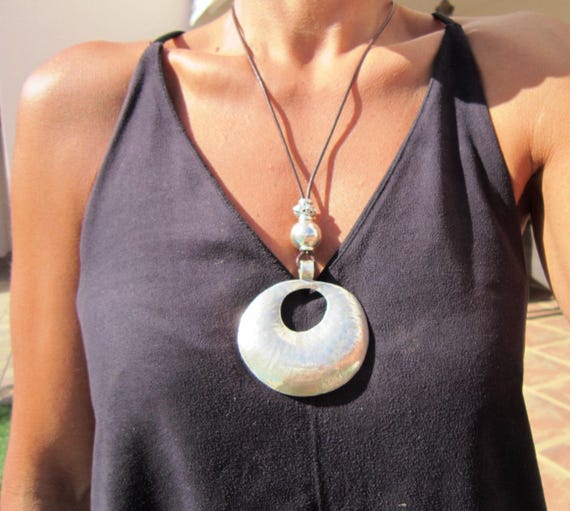 Statement Silver Chunky Pendant leather Necklace • Bohemian Jewelry Best Selling Items • Gift for Her • Neotribal Jewelry Boho Necklace