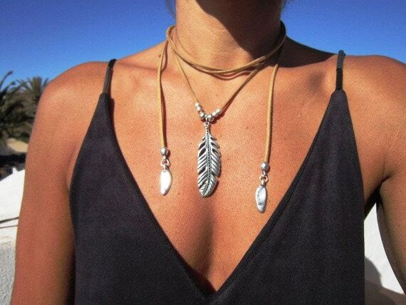 wrap choker feather necklace, Indian jewelry