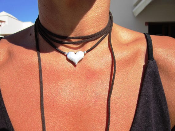 Boho Leather and Silver Beaded Pendant Heart Necklace • Long Statement Chunky Charm Necklace Gift for Her • Bohemian Jewelry Galentine Gift