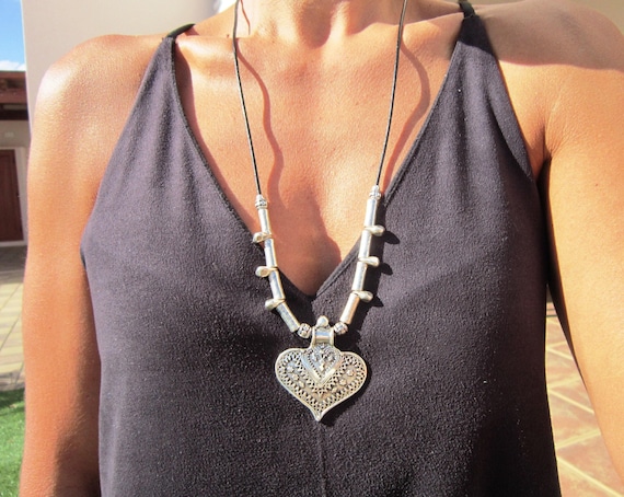 Custom Statement Silver Beaded Necklace with Heart Pendant Charm Couples necklace • Best selling items Personalized Jewelry • Gift for Her