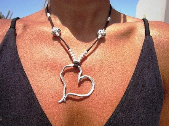 Boho Leather and Silver Beaded Pendant Heart Necklace • Couples Long Statement Chunky Charm Necklace Gift for Her • Bohemian Jewelry