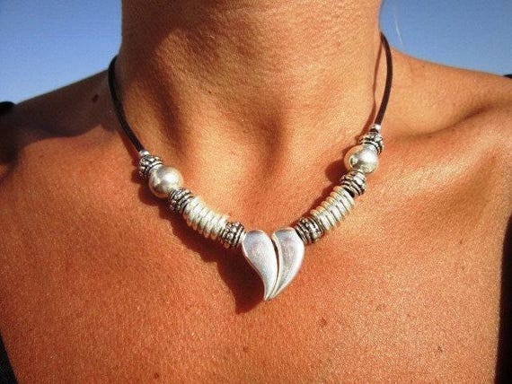 Couples Beaded Necklace with Silver Heart Pendant Charm • Bohemian Handmade jewelry Necklaces for Women • Personalized Jewelry Gift for Her
