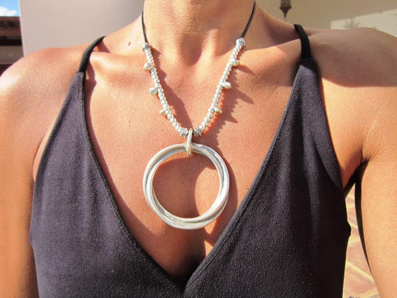 Statement Silver Chunky Pendant leather neotribal Necklace • Bohemian Jewelry Best Selling Items • Gift for Her • Neotribal Jewelry
