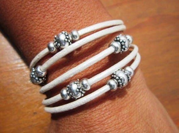 white Leather & Silver Charm Beaded Bracelet • Handmade Jewelry Gift for Her • Custom Bracelet gift • Personalized jewelry gifts by kekugi