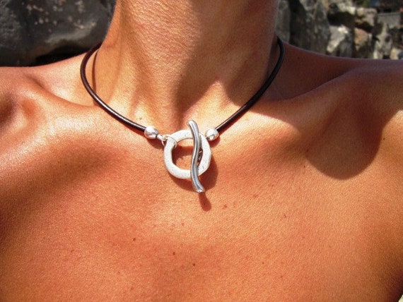 Leather Ring Eternity Necklace  Boho Silver Jewelry  Unique Fashion Accessory